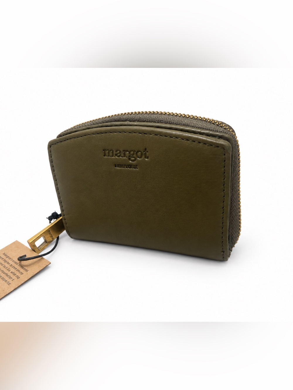 Margot New York Army Green Leather Wallet Zip Around Compact Card Holder NWT